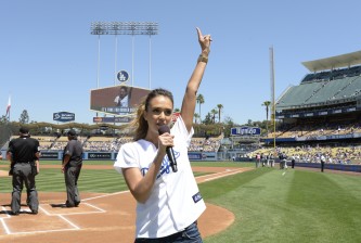 Jessica Alba Throws First Pitch During Los Angeles Dodgers vs Milwaukee Brewers